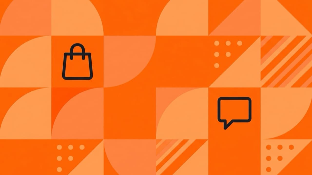 Flat geometric illustration about ChatGPT shopping with product feeds and ads after Instant Checkout