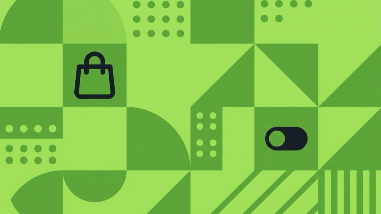 Flat geometric illustration about Shopify agentic storefronts, showing a shopping bag connected to several AI chat windows