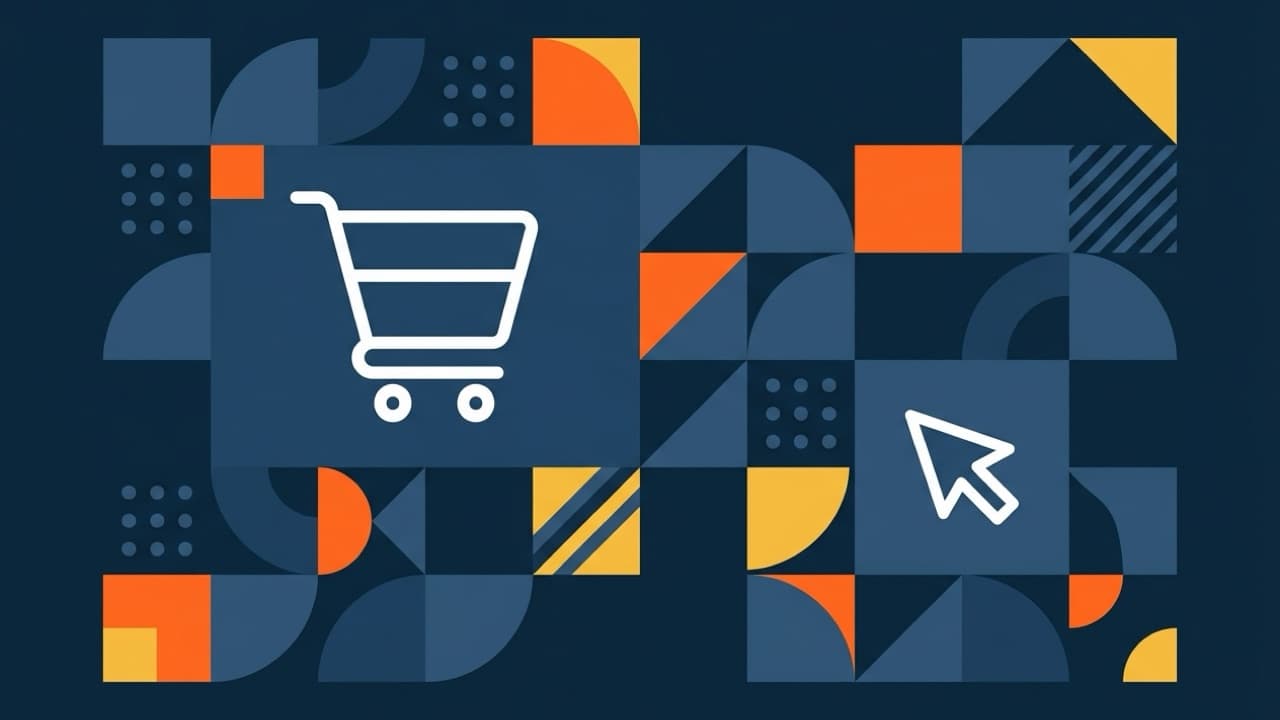 Flat geometric illustration about agentic commerce, showing an AI agent moving a product from a chat window into a shopping cart